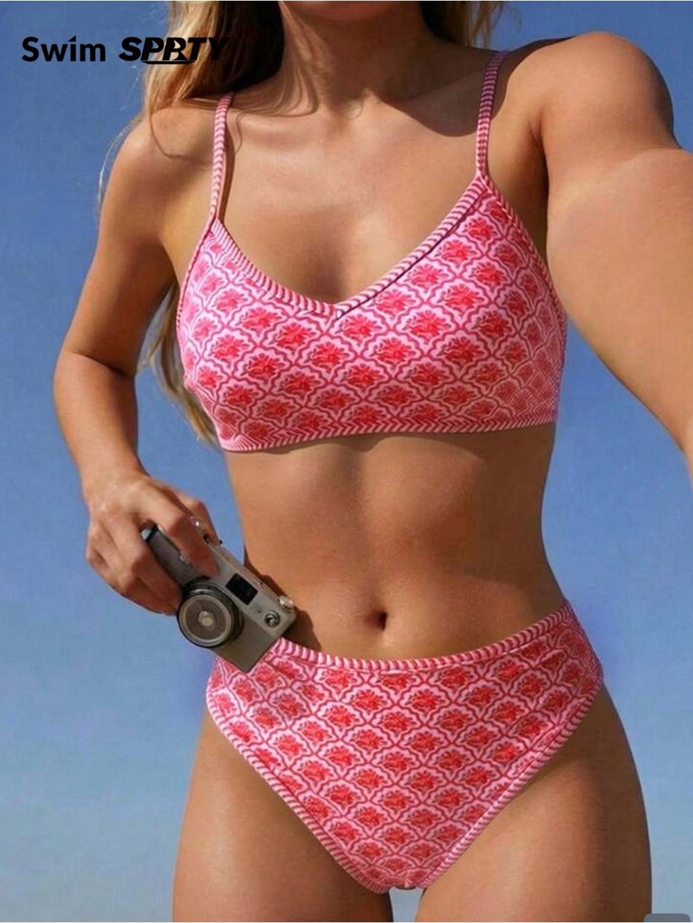 Women’s Pink Patterned Bikini Set - Bralette Top & High Waist Bottoms